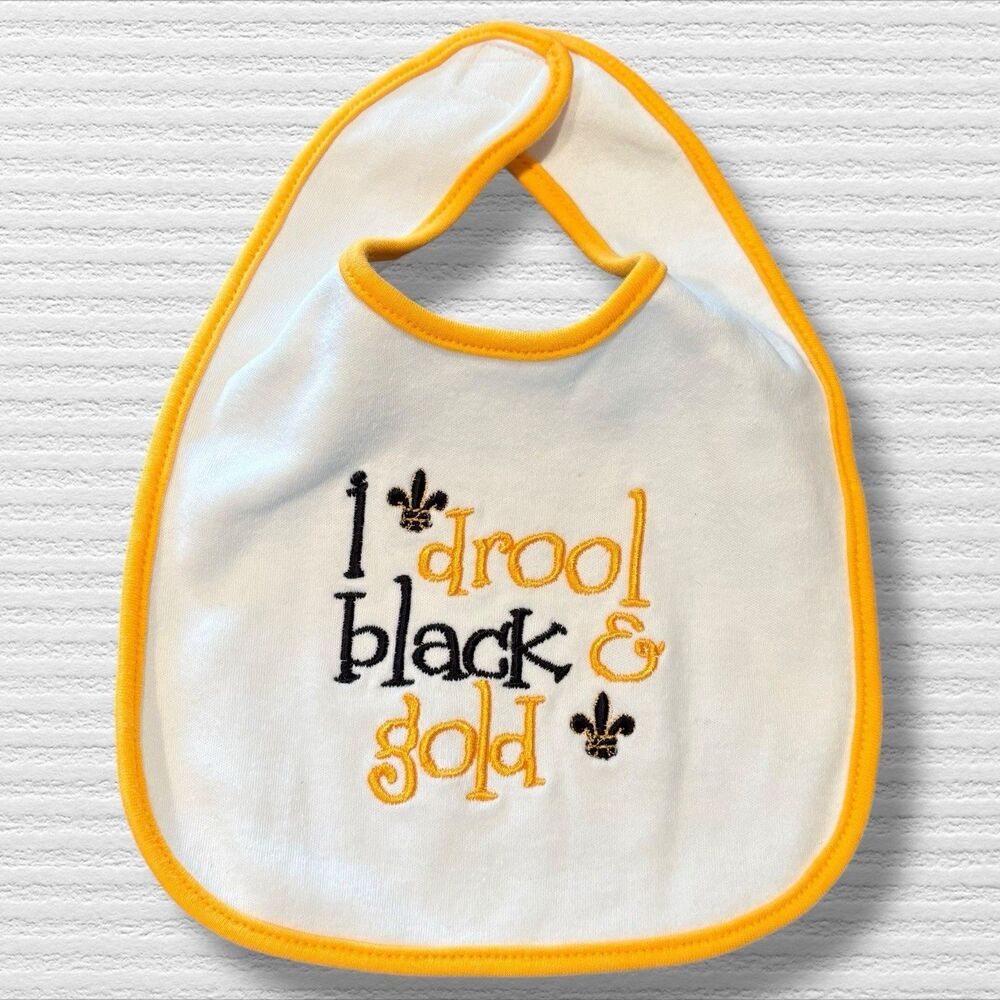 New Orleans Saints Embroidered “I Drool Black & Gold” Bib With Fleur Du La NWOT
